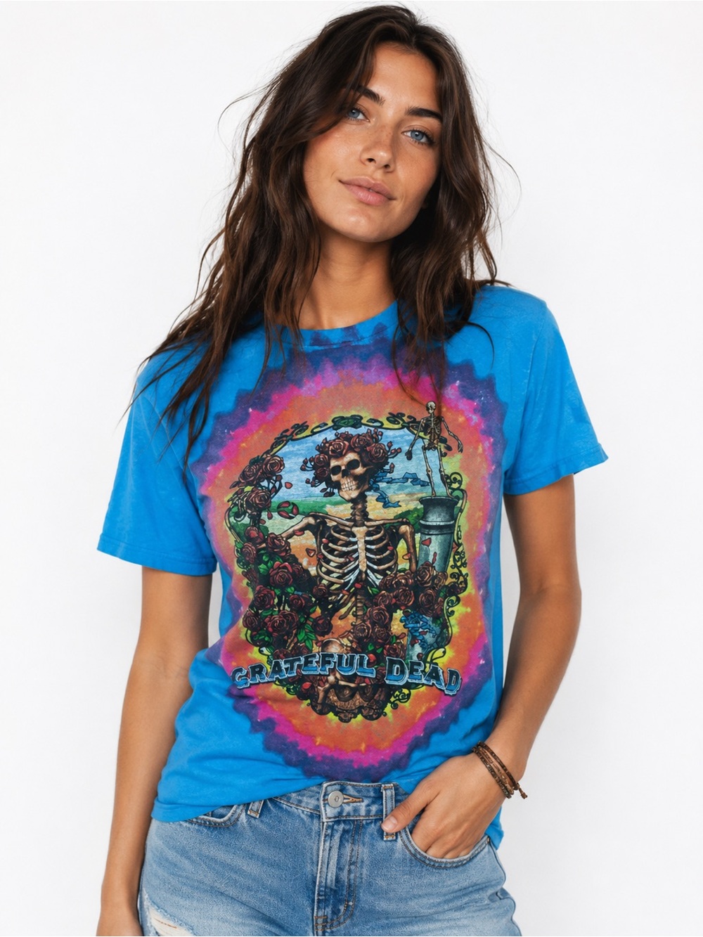 Liquid Blue Grateful Dead Bertha Skeleton Roses Tie Dye Graphic T-Shirt Small